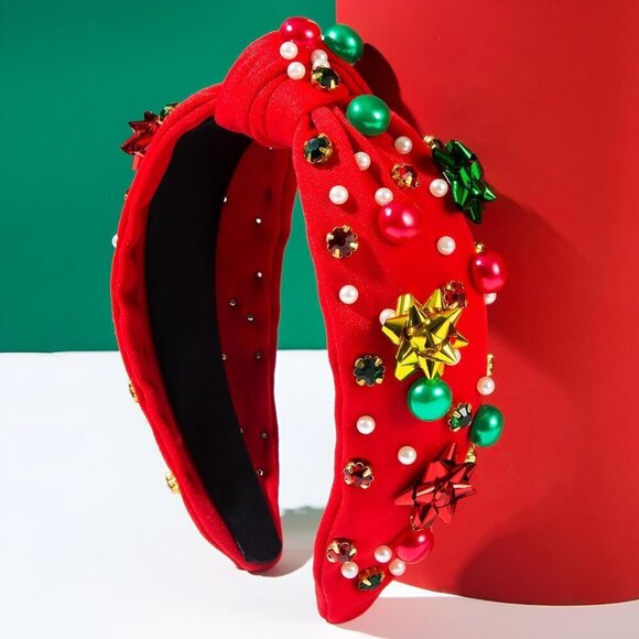 Christmas Headbands Set for Women Pearl Rhinestone Red Green Holiday Party Acces main image 7